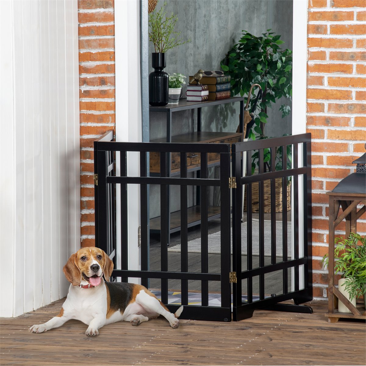 Etna - Puerta de madera para mascotas con diseño de diamante de 3 paneles,  valla decorativa negra para perros, escaleras, barrera para mascotas para