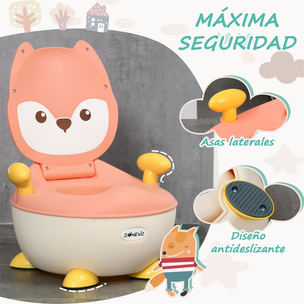 ZONEKIZ Orinal Infantil WC Aprendizaje Orinal para Bebé de 6-36 Meses en  Forma de Zorro Tapa Antideslizante 34,5x35x23 cm Rosa