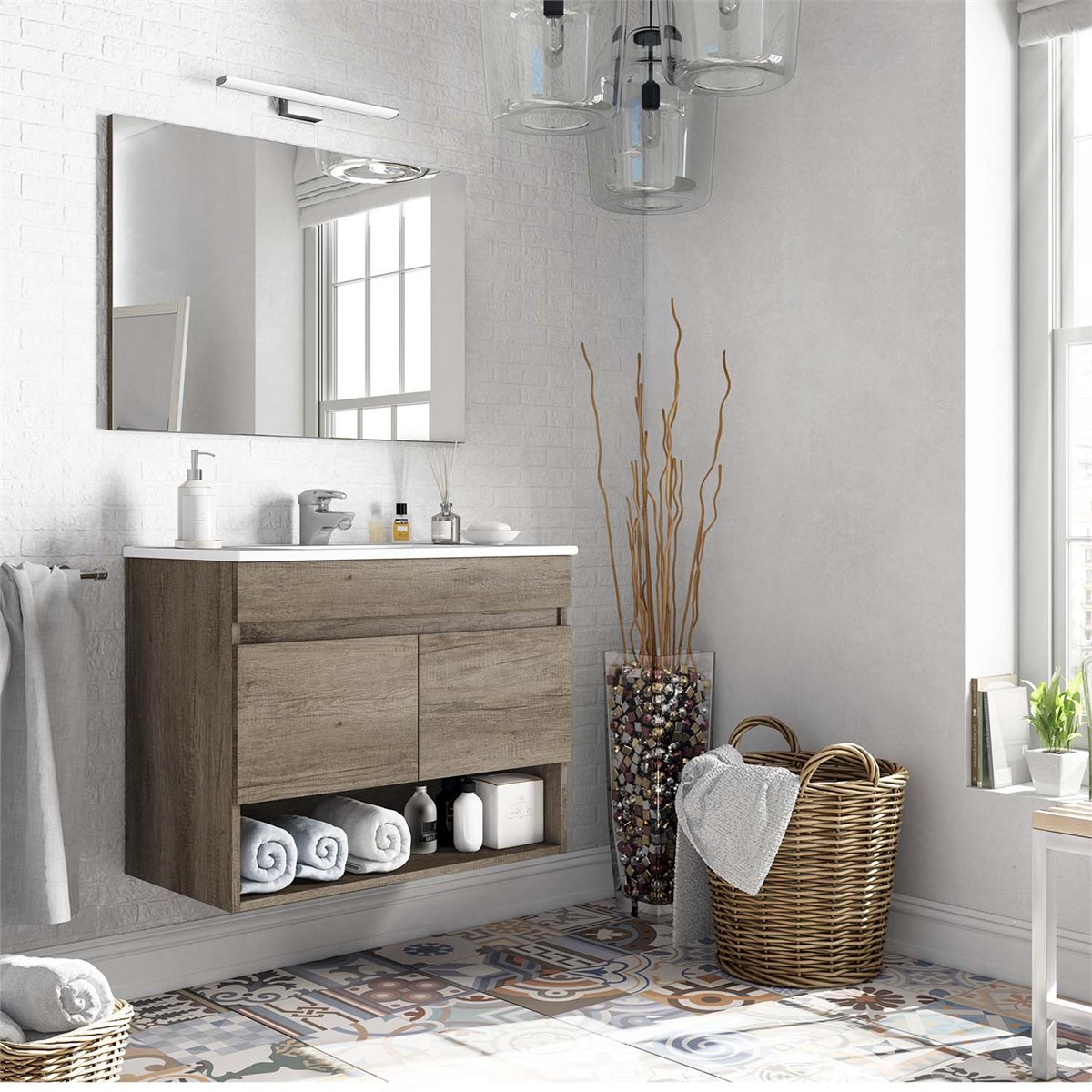 Mueble de baño madera natural con armario colgante