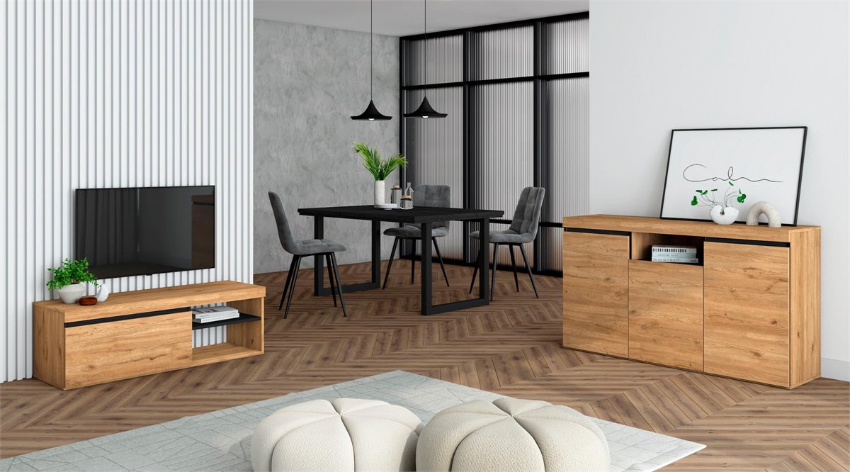 Set Naturale salón Comedor con patas, Mueble Auxiliar, buffet-mueble tv  120cm roble negro nórdico - Conforama