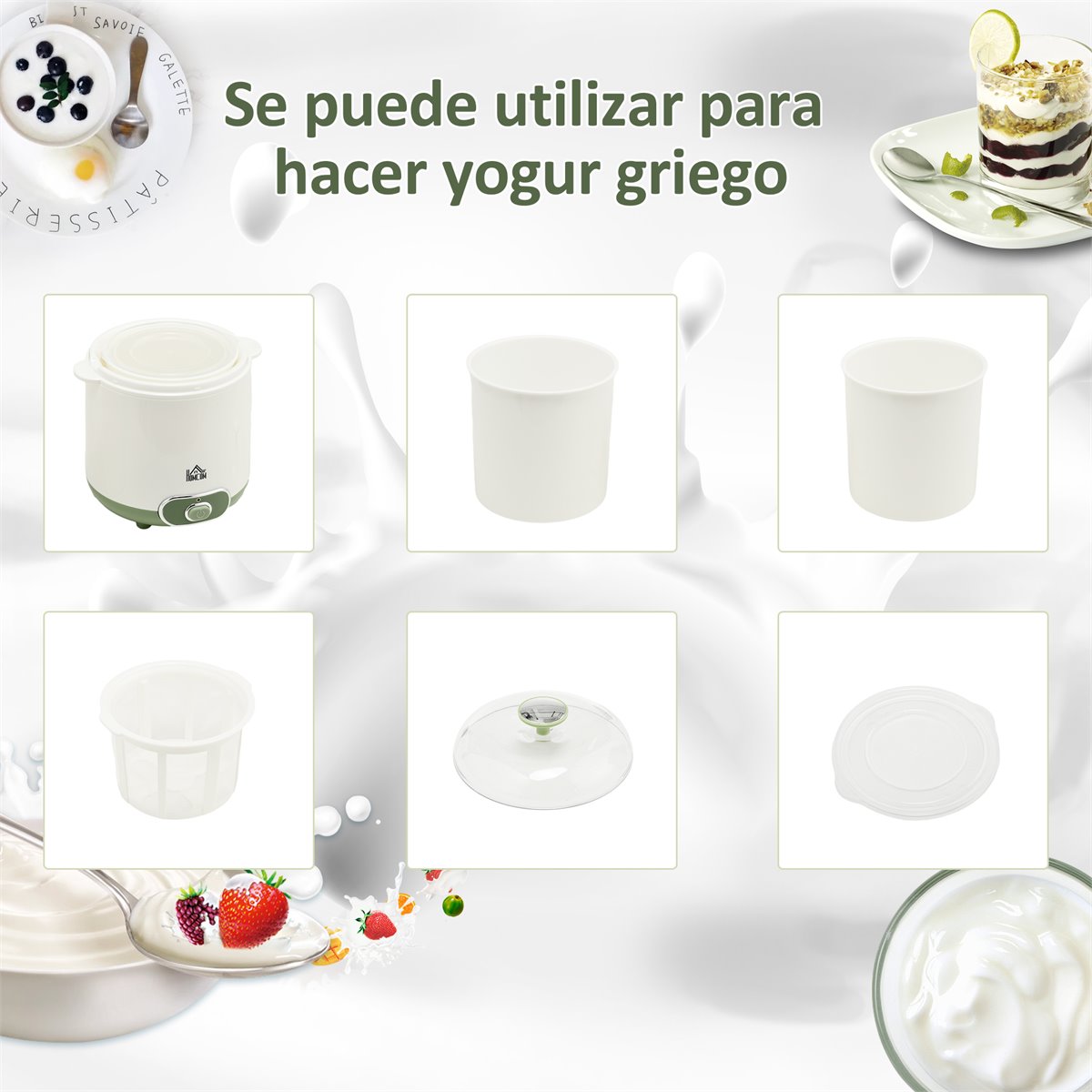 HOMCOM Yogurtera 30W Capacidad 1,44L con 8 Tarros de Cristal de 180 ml  Termostato Ajustable Temporizador de 1-48 Horas y Apagado Automático  36x18,8x14 cm Plata : : Hogar y cocina