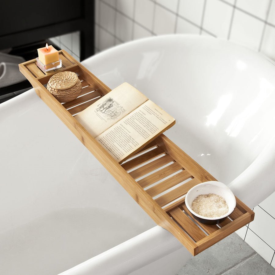 Bandeja de bambú para bañera con soporte para libro y vino - VIRTUAL MUEBLES