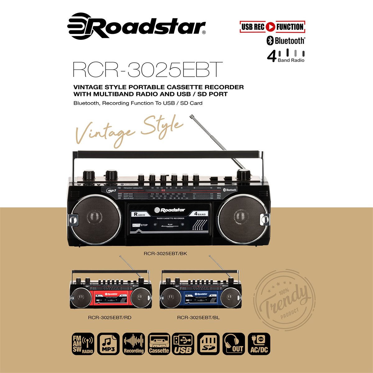 Roadstar CDR-365U/BL Radio CD Digital Portátil USB/AUX Azul