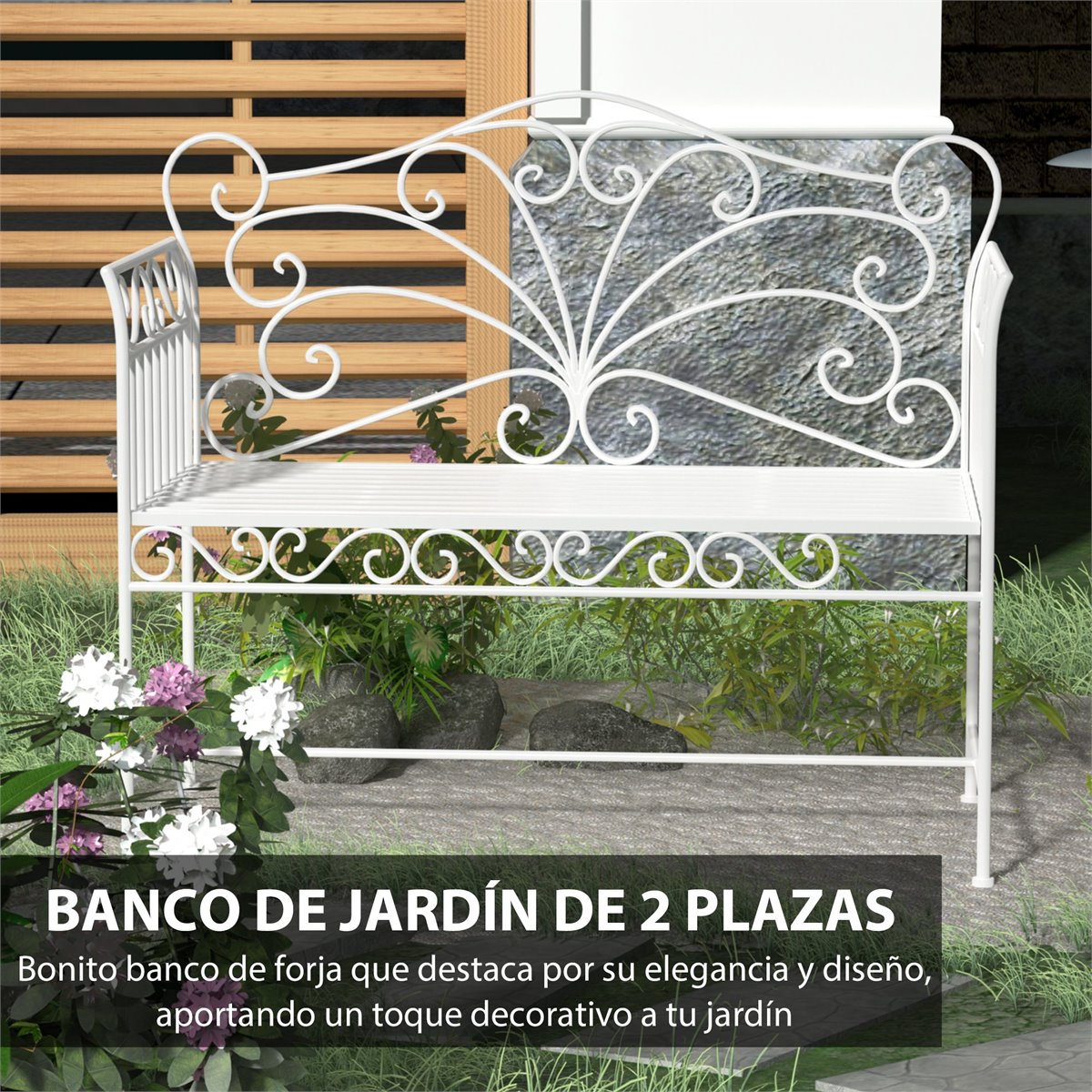 Outsunny Banco de Jardín de 2 Plazas 113,5x50x93,5 cm Banco de Terraza de  Metal con Respaldo Decorativo y Reposabrazos Vintage para Exterior Carga  200 kg Crema - Conforama