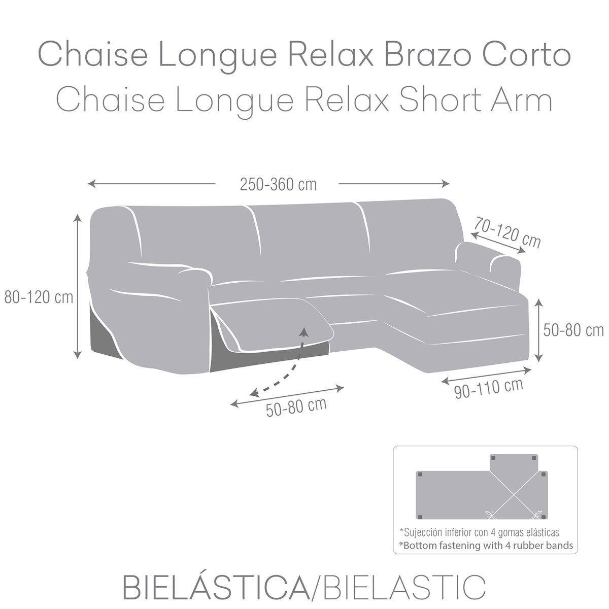 Funda Sofá Relax Bielastica Adaptable Chaise Longue Brazo Corto (250-360  cm) Gris Oscuro - Conforama