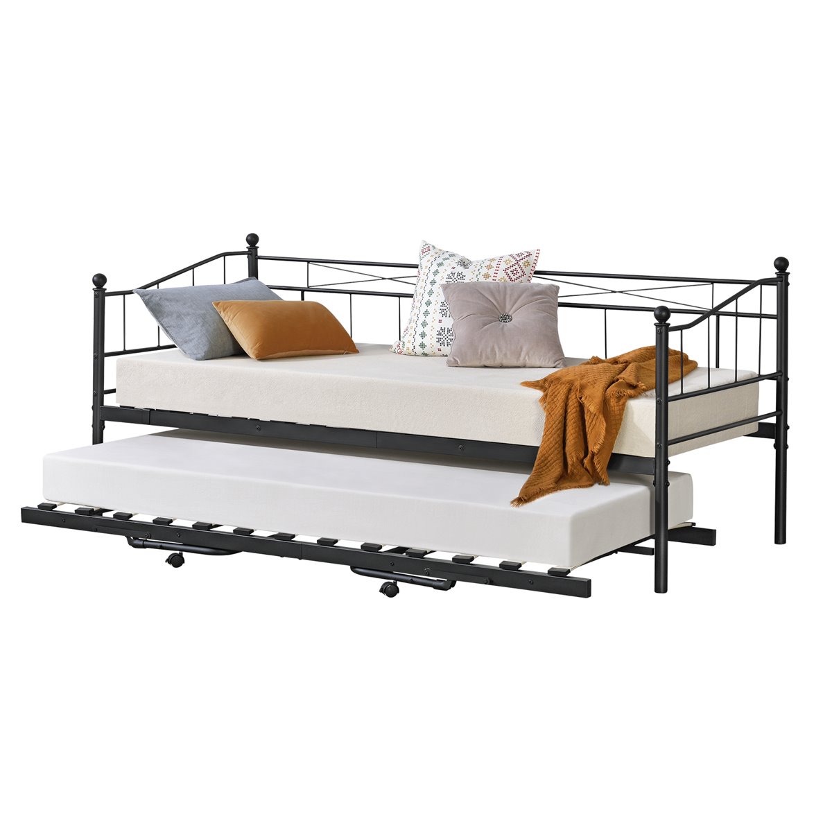 Cama con cama supletoria Skutskär con 4 Ruedas Metal 90 x 200 cm / cama -  Negro mate [en.casa] - Conforama