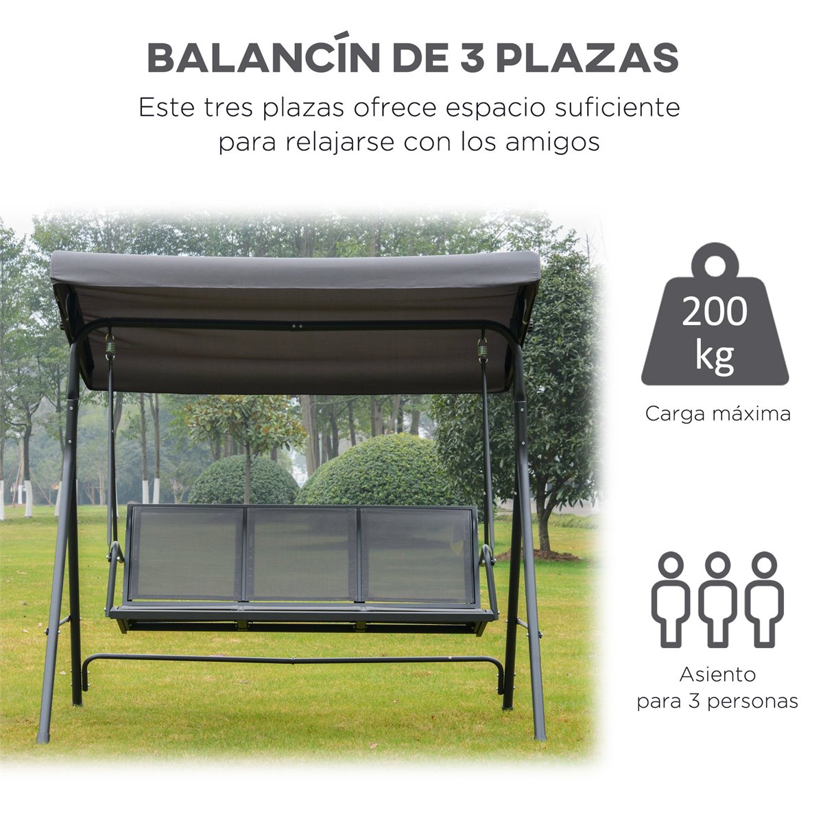 Outsunny Columpio Balancín de Jardín de 3 Plazas con Techo Parasol 2  Cojines Bandeja para Balcón