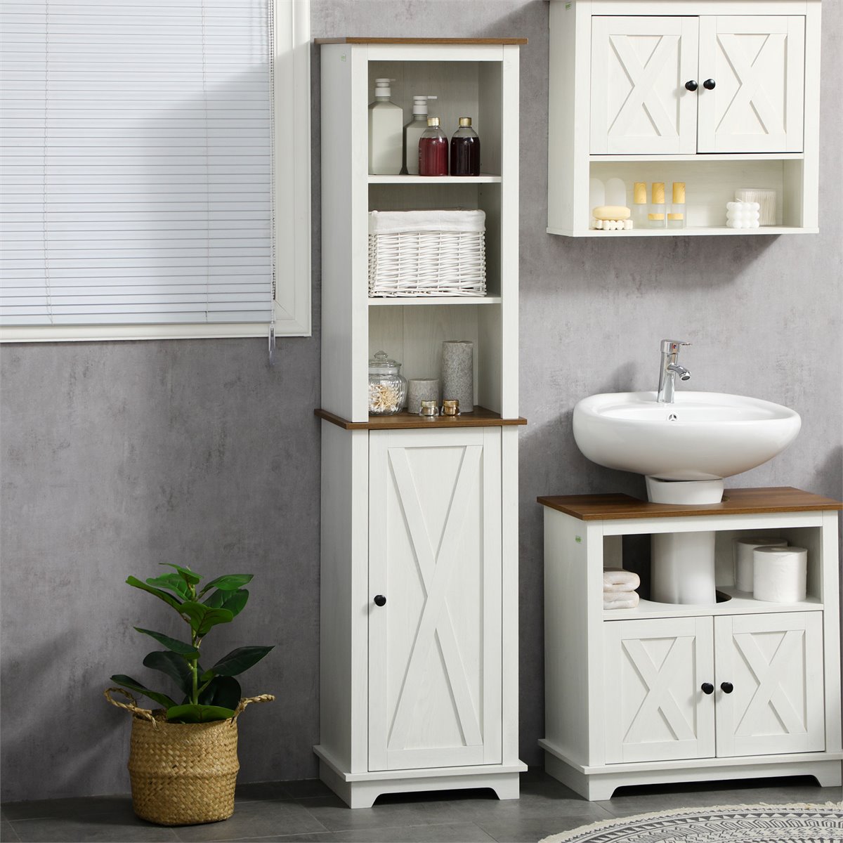 Armario esquinero alto para baño con 2 armarios y 2 estantes exteriores de  2 niveles, armario de almacenamiento independiente con estantes ajustables