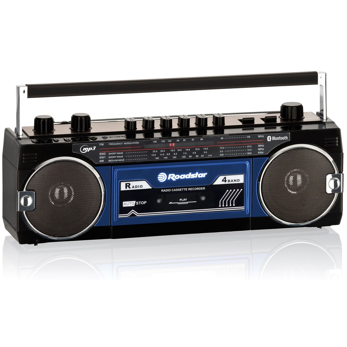 Roadstar RCR-3025EBT/BL Radio Cassette Vintage Años 80 Portátil Multibanda  AM /FM /SW Reproductor Grabador a Cinta, USB, , Negro/Azul - Conforama