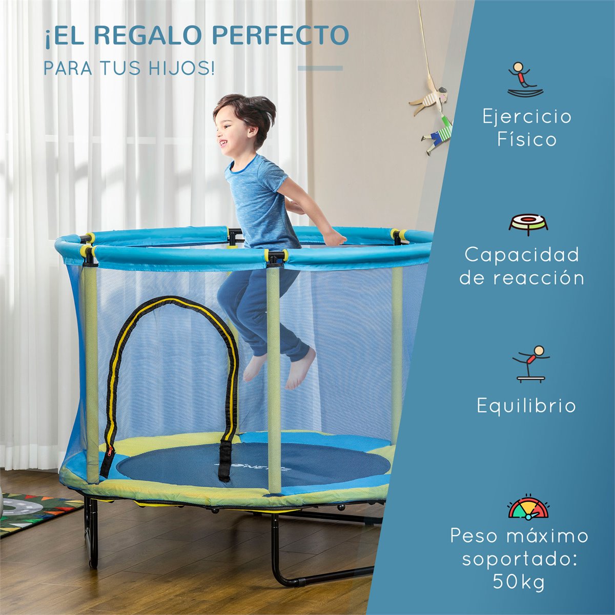 ZONEKIZ Cama Elástica Infantil Ø110 cm con Red de Seguridad Trampolín para  Niños de 1-6 Años para Interior Exterior Azul