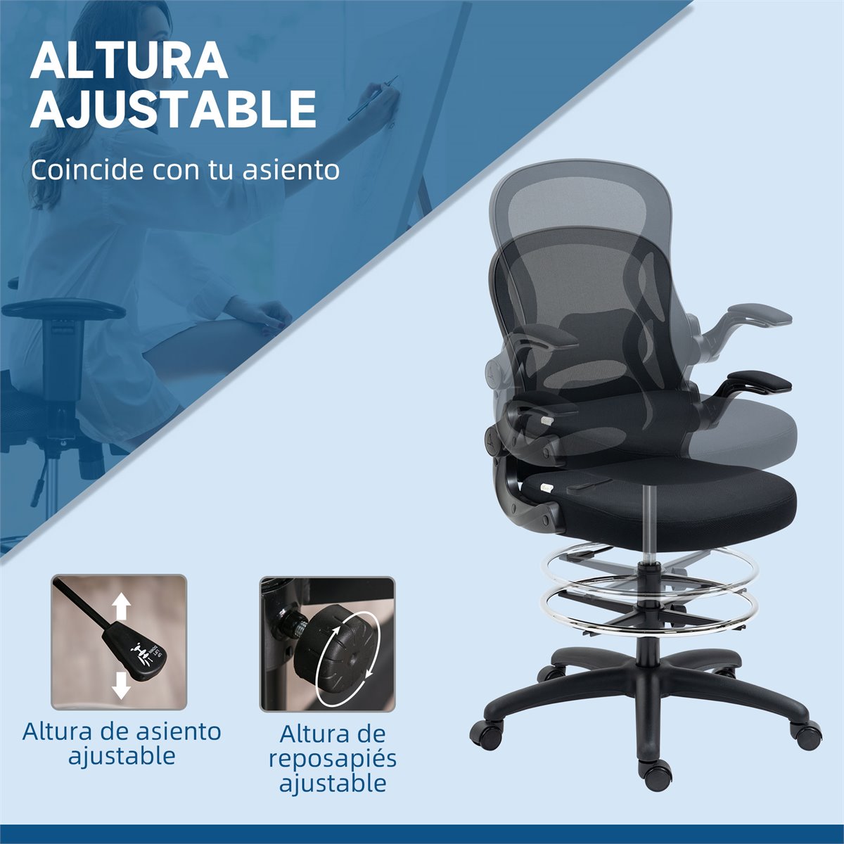 Silla de oficina alta, silla de dibujo, silla de escritorio de pie  ajustable alta, sillas de mesa de trabajo de malla ergonómica con  reposabrazos