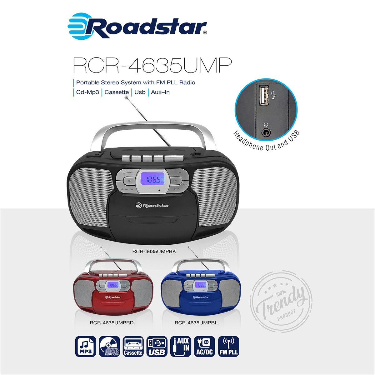 Roadstar RCR-779D+/BK Radio Cassette con CD Portátil DAB / DAB+