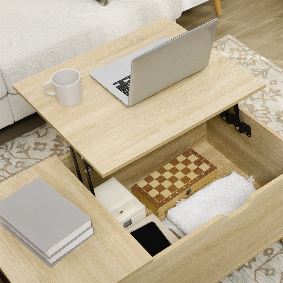 Mesa de centro elevable, armario de almacenamiento de mesa de computadora  con reposapiernas de madera maciza, mesa auxiliar elevada con mesa de