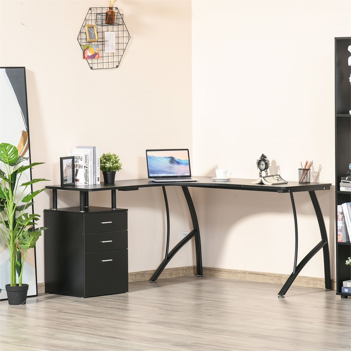  Teraves - Escritorio moderno en forma de L con estantes,  escritorio de computadora, escritorio de juegos para oficina en casa, mesa  de trabajo de esquina con escritorio grande (roble negro +