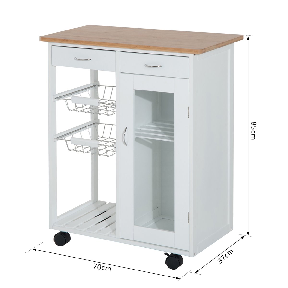 Carrito auxiliar de cocina Homcom 1 cajón+1 armario+3 estantes  blanco/natural 86,5x66x39,5 cm