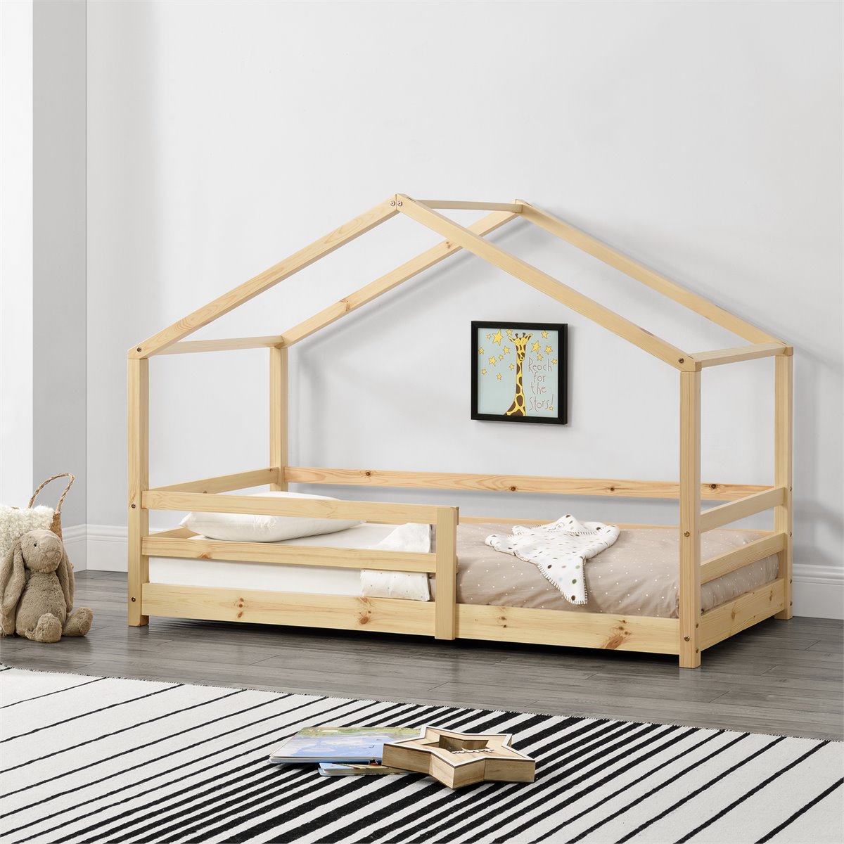 Cama infantil forma de casa madera pino blanca + colchón 70x140 cm
