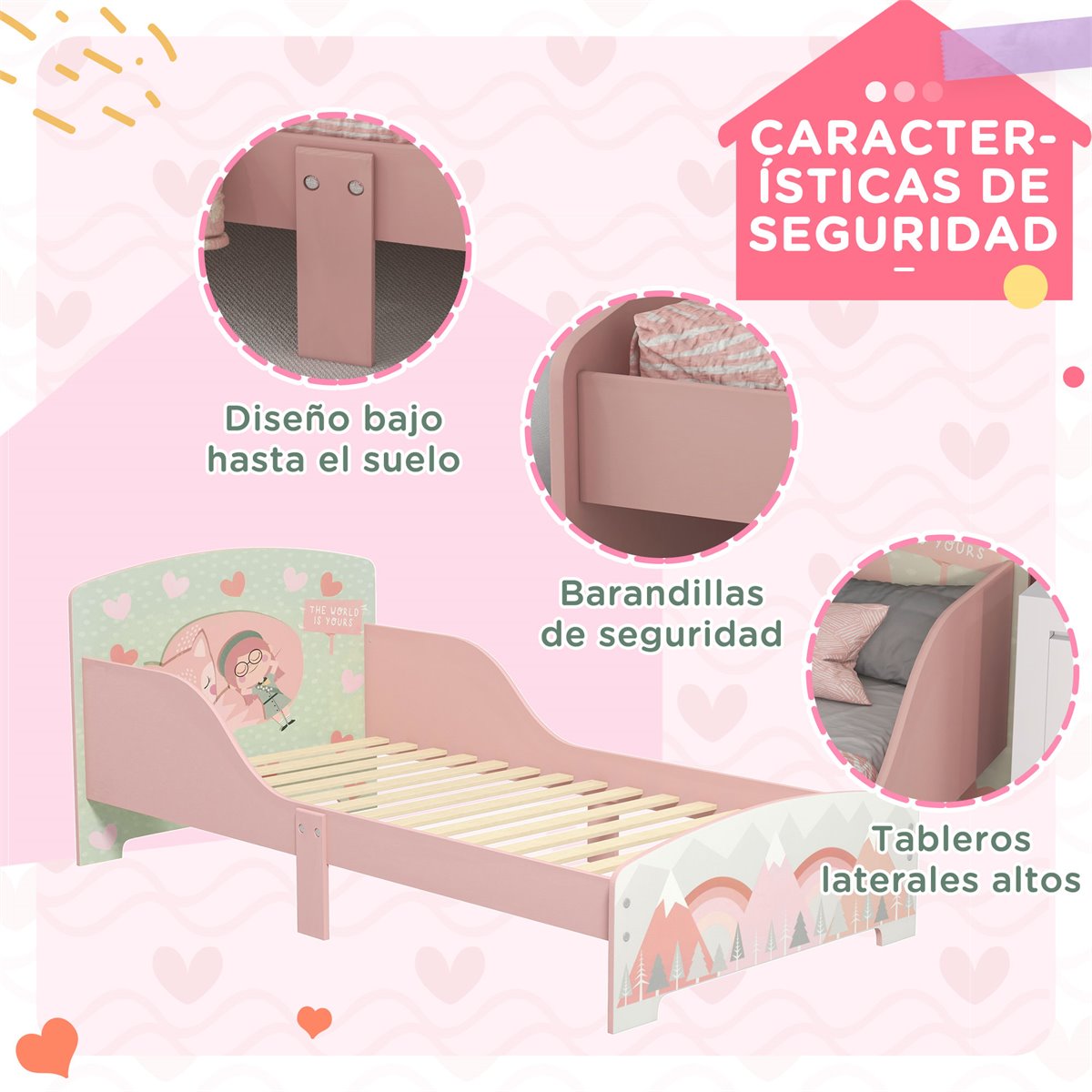 HOMCOM Cama Infantil para +3 Años Cama para Niños de Madera con Barreras de  Protección Carga Máx. 50 kg 143x73x60 cm Rosa
