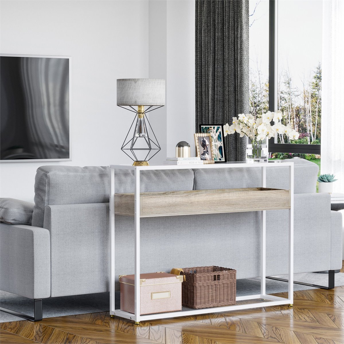 Mesa consola, mesa consola blanca con almacenamiento, mesa de entrada para  sofá con 2 cajones, estrecha y moderna para detrás del sofá, mesa de