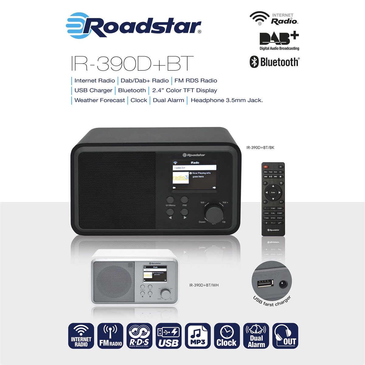 Microcadena Radio Internet Wi-fi Dab+/fm, Reproductor Cd-mp3, Bluetooth,  Usb Mando A Distancia Blanco Roadstar Ir-540d+btwh