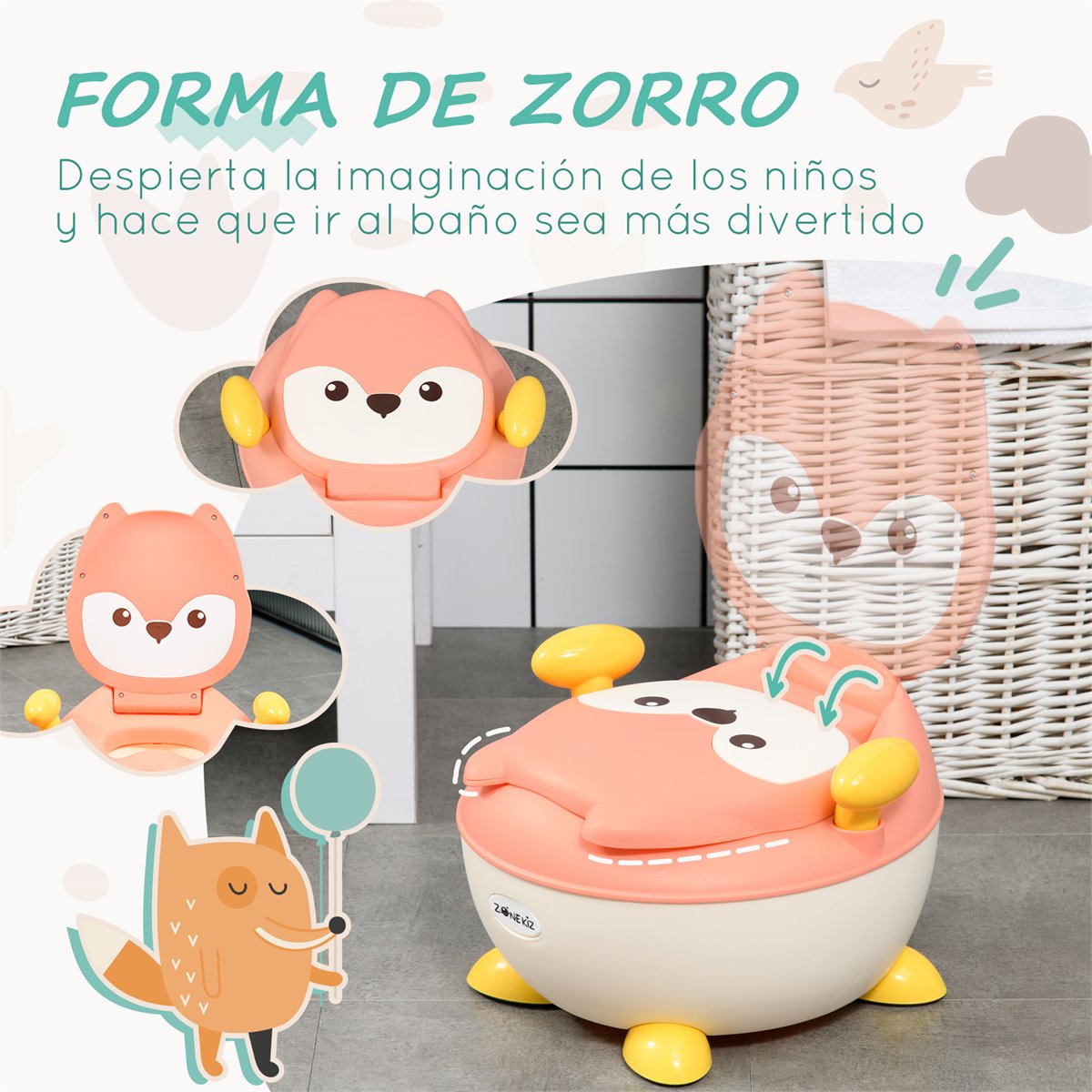 ZONEKIZ Orinal Infantil WC Aprendizaje Orinal para Bebé de 6-36 Meses en  Forma de Zorro con Tapa Prueba de Salpicaduras Asas Estructura  Antideslizante 34,5x35x23 cm Rosa - Conforama