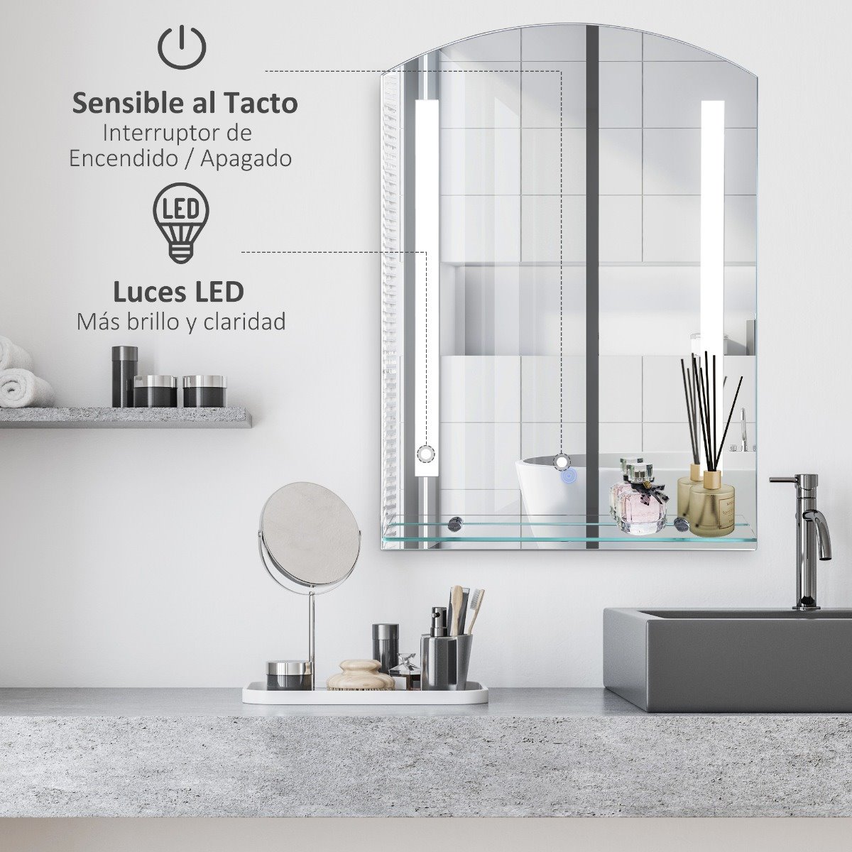 Espejo LED para entrada de dormitorio, espejo de baño con interruptor  táctil regulable de 3 colores, espejo de decoración de pared, espejo