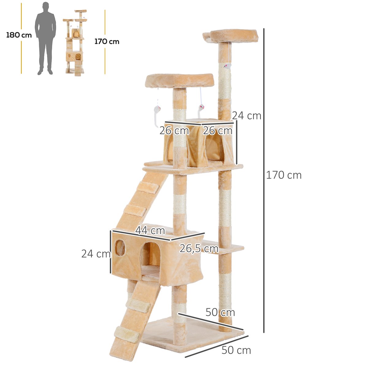 PawHut Árbol Rascador para Gatos Grande 60x60x200 cm con 2 Cuevas