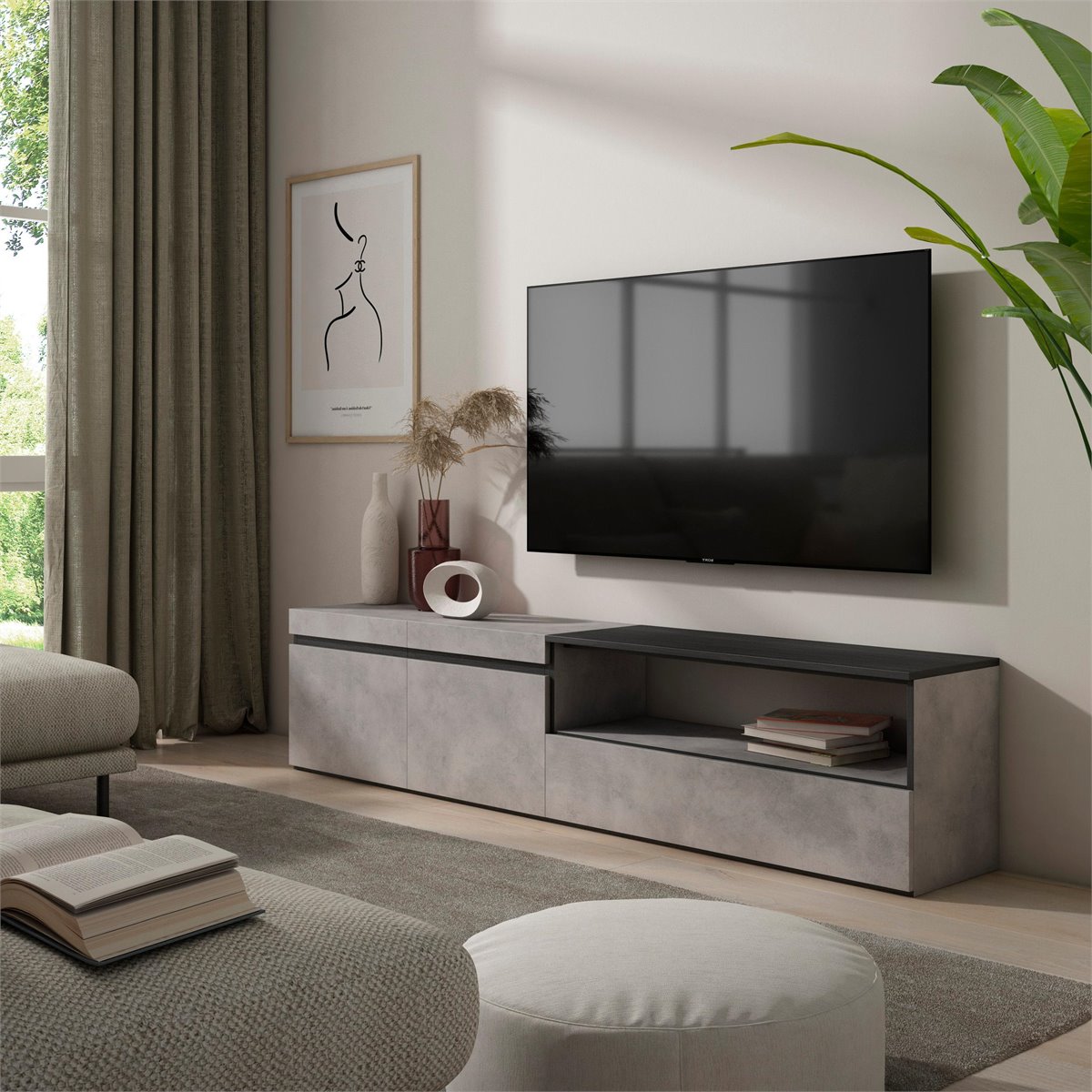 Skraut Home, Mueble TV, Televisión, Muebles de salón, almacenaje, 200x45x35cm, para TV hasta 80, con Almacenamiento, Estilo Moderno