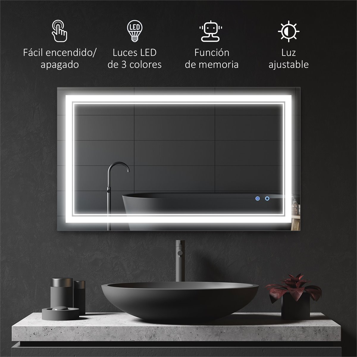Espejo redondo de baño LED 60cm + antivaho + brillo ajustable - Conforama