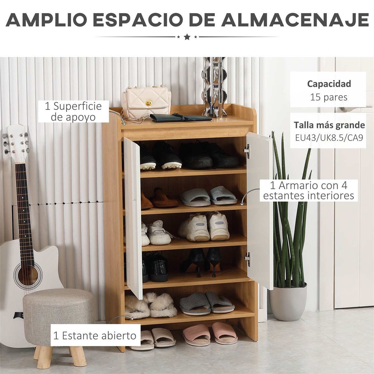 HOMCOM Zapatero Estrecho de Estilo Moderno para 13 Pares de Zapatos para  Entrada Pasillo 80x30x80 cm Natural y Blanco