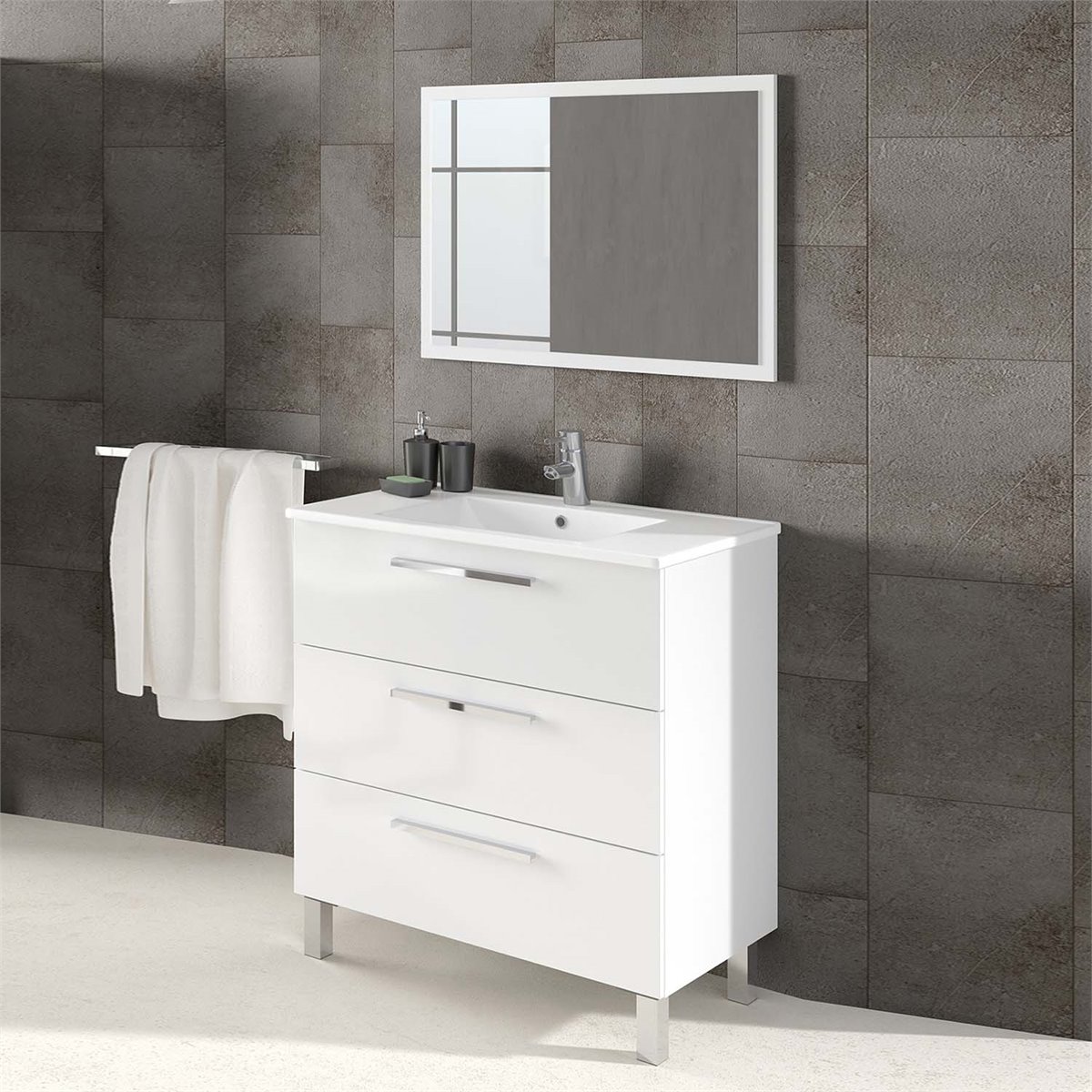 Mueble baño Alise 3 cajones espejo, sin lavabo, Blanco brillo - Conforama