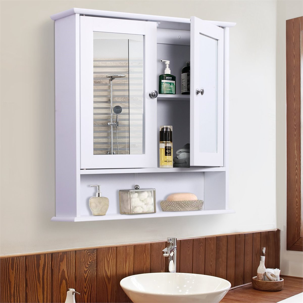 Armario con espejo de baño, botiquín montado en la pared con 2 puertas y  estante ajustable, botiquines para baño con espejo en casa y cocina (color