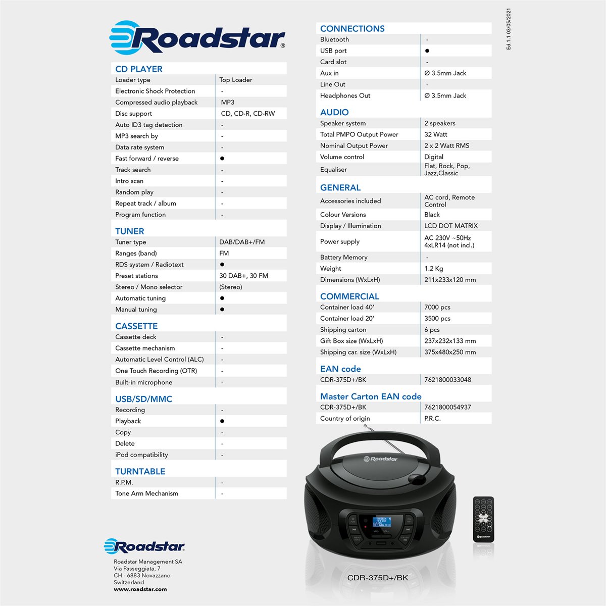 Roadstar ru-375bt autoradio numérique am /fm, mains libres bluetooth usb,  lecteur de carte tf, mp3, 