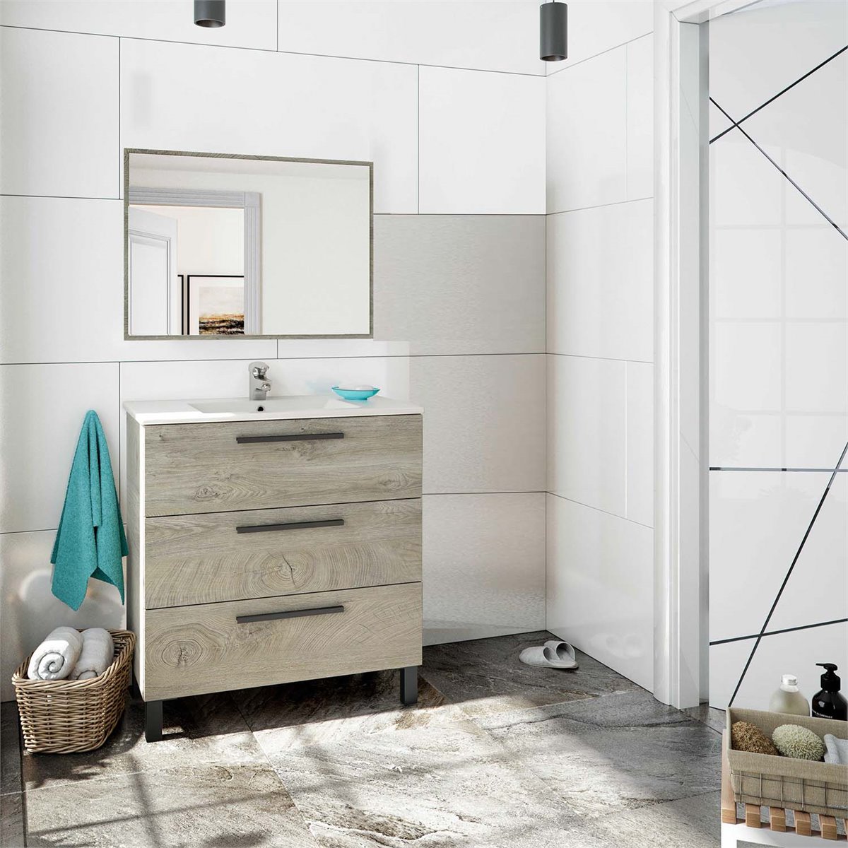 Mueble de baño o aseo con espejo a juego color gris ceniza