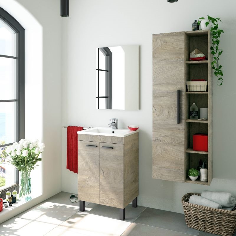 Armario de baño para colgar ARUBA, armario auxiliar bajo, color blanco  brillo/roble