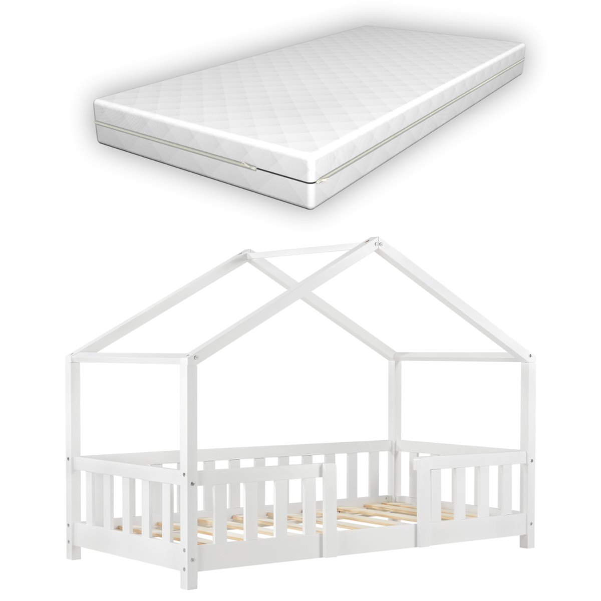 Cama para niños Sisimiut forma de casa pino 70x140 cm blanco mate [en.casa]