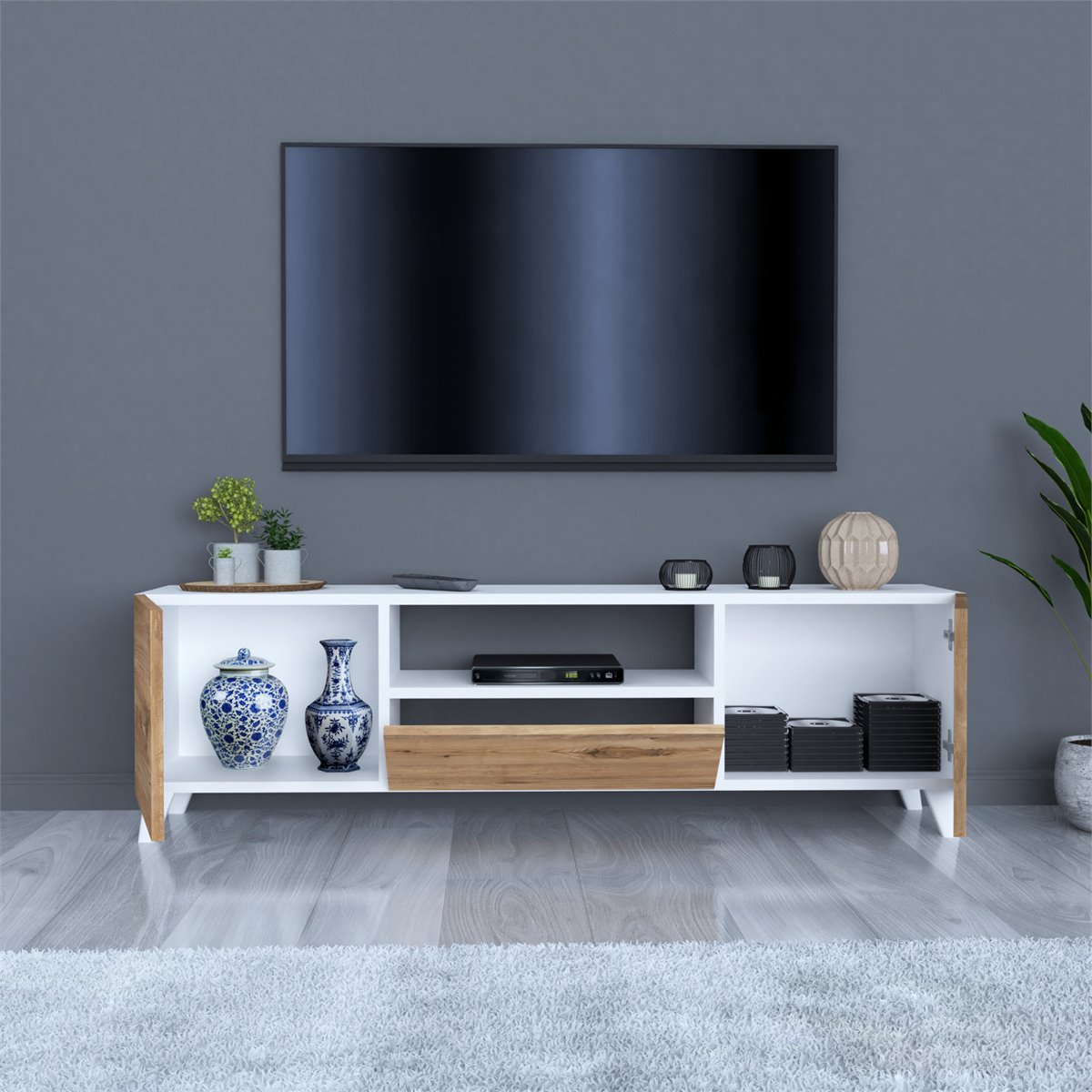 Mueble TV suspendido Laitila Aglomerado 180x32x30 cm roble r√∫stico /  antracita [en.casa] - Conforama