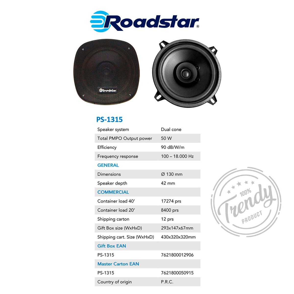Roadstar Ps1635 Altavoces De Coche 16cm, Coaxial, Audio 3 Vías, 2