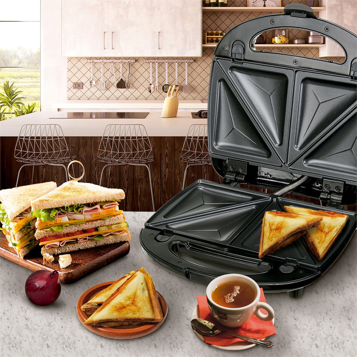 Sandwichera  Taurus Miami Premium, Placas intercambiables: sandwich, grill  y gofre, 900W, Negro/Inox