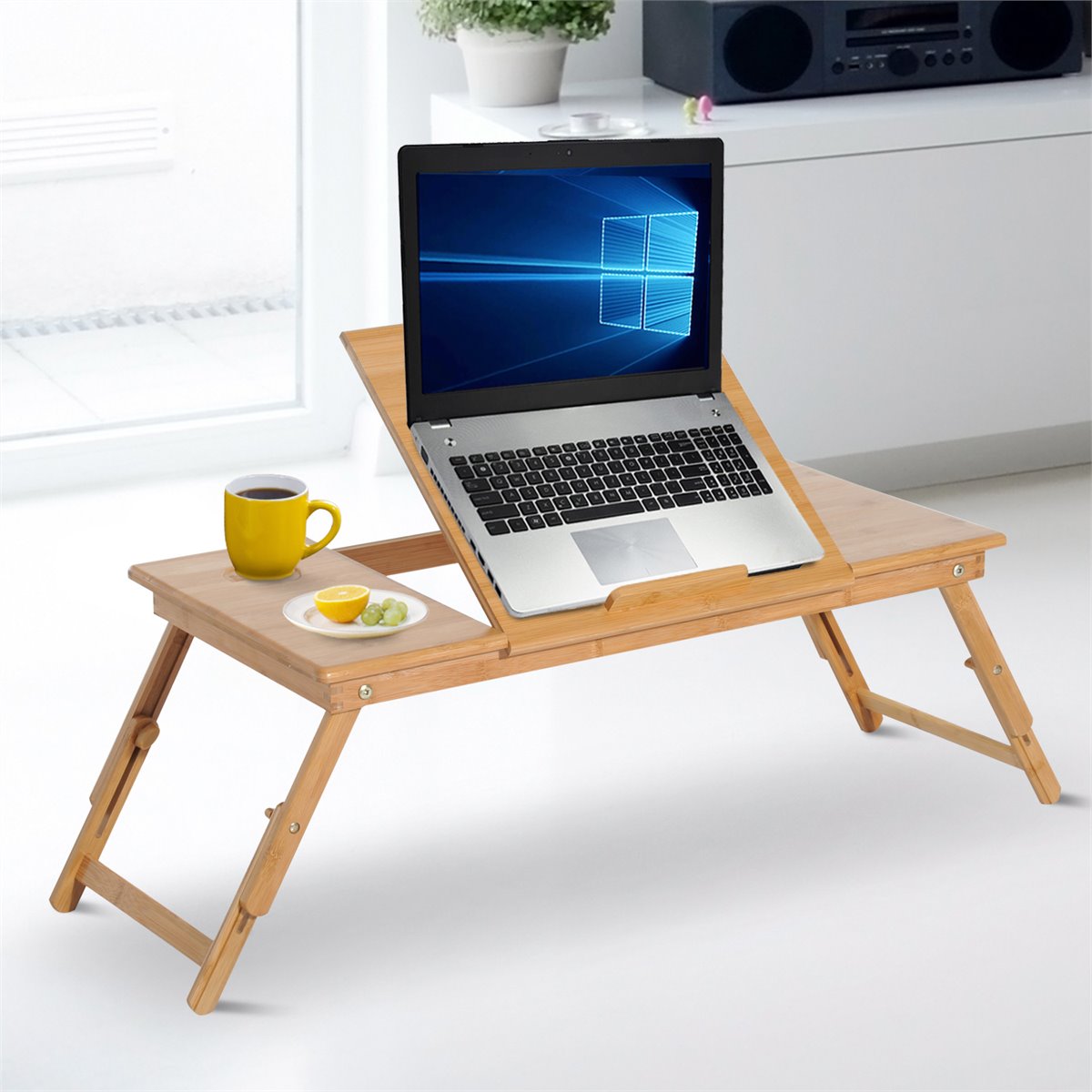 Mesa de desayuno de bambú portátil, bandeja de cama, escritorio