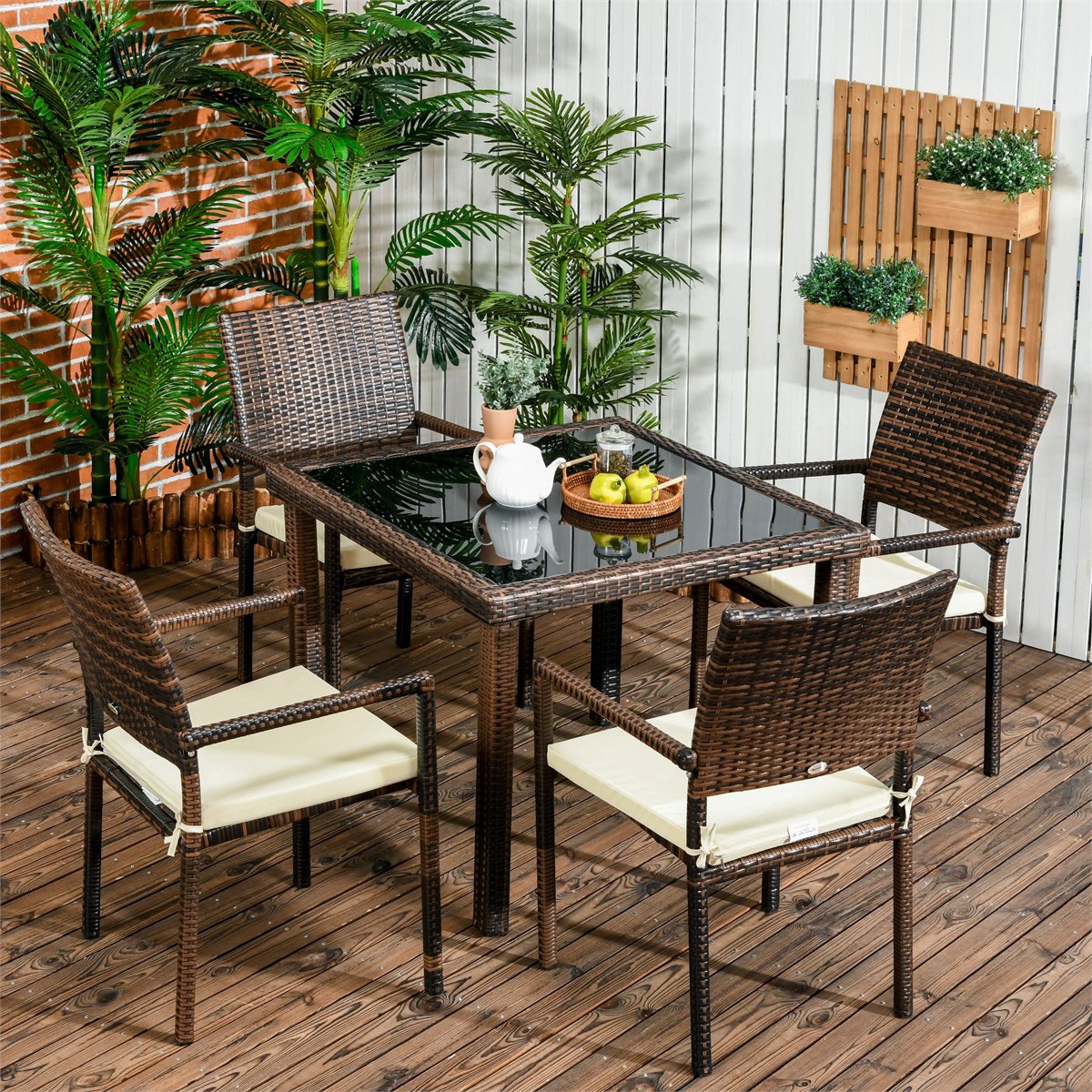 Mesa auxiliar de mimbre de PE para exteriores, mesa cuadrada para patio,  jardín de ratán, mesa cuadrada con muebles superiores de vidrio, color negro