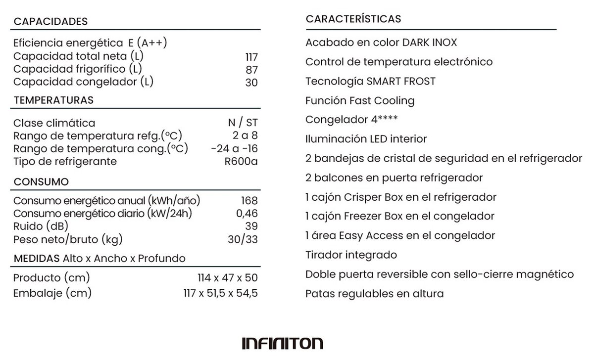 Frigorífico Combi Infiniton FGC-A122N - Negro ,117 litros, 1,20m, No Frost,  A++ / E - Conforama