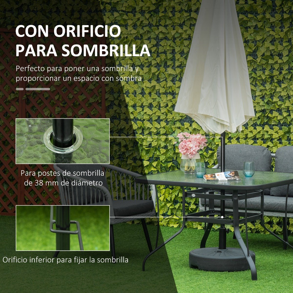 Outsunny Conjunto de Muebles de Jardín con 4 Sillas Plegables Mesa de  Comedor de Vidrio y Sombrilla Inclinable Protección del Sol para Patio  Terraza Exterior 80x80x70 cm Beige