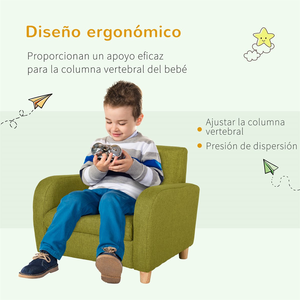 HOMCOM Sillón Infantil Mini Sofá para Niños de +3 Años con Asiento  Acolchado y Reposabrazos 60x42x50 cm Gris