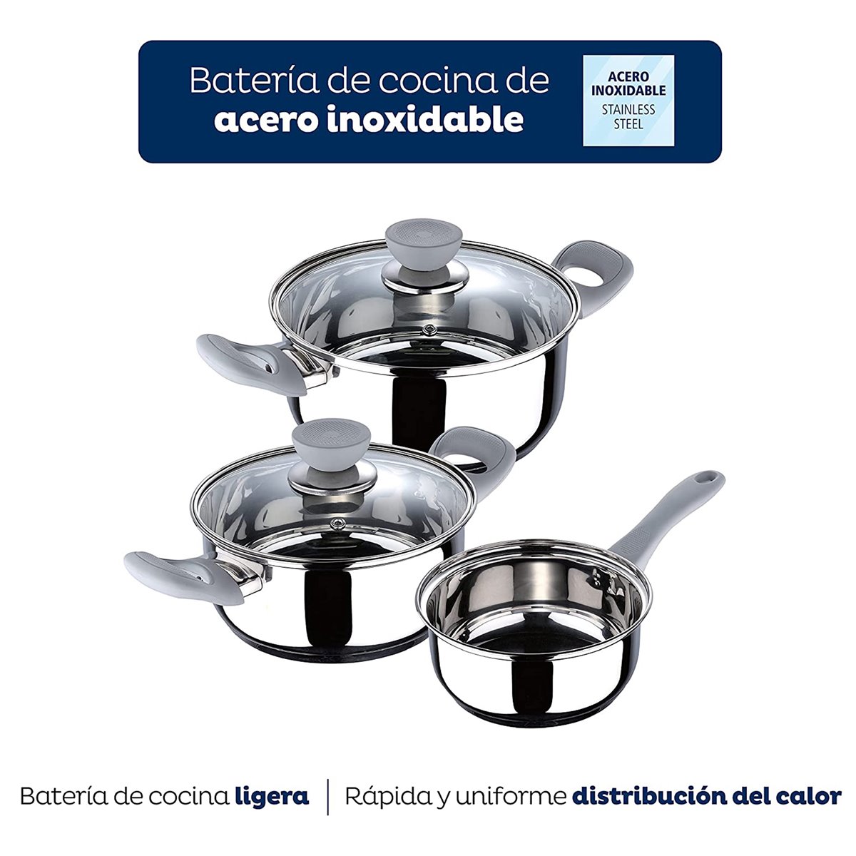 Set 5pc sartenes (con tapa) aluminio prensado inducción con Set 3 pc  utensilios cocina acero inoxidable